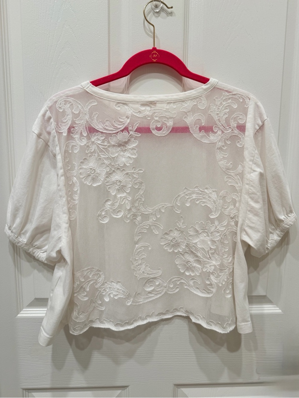 By Anthropologie Lace Back Cropped Tee XS White Ivory Cotton Puff Sleeve Top